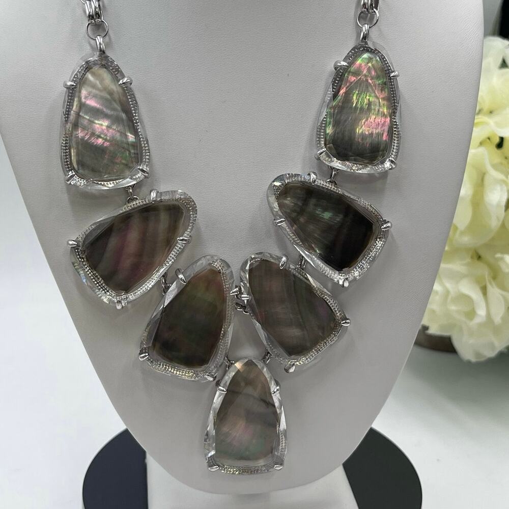 Kendra Scott Harlow Gray Rainbow Mother of Pearl Silver‎ Plated Glass  Necklace